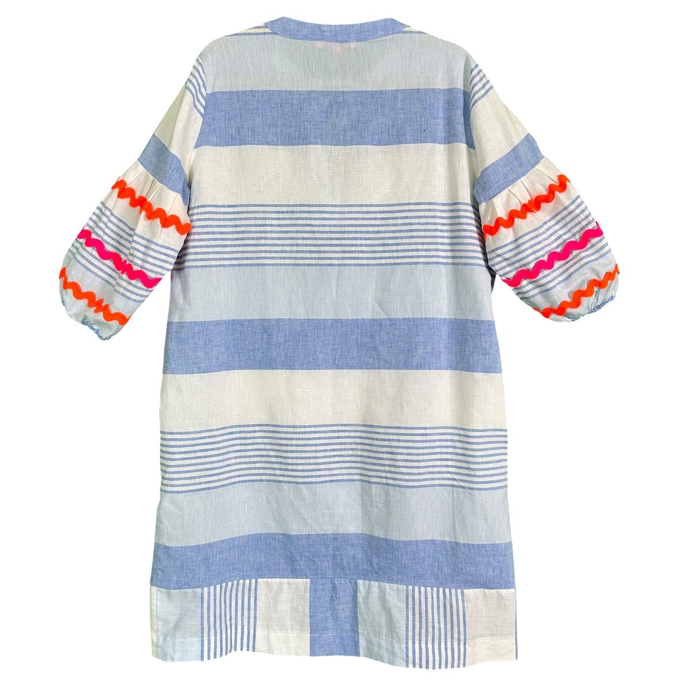 Vilagallo Tunic Dress 42 10 Blue White Stripe Linen Blend Pockets Resort Coastal - Picture 12 of 14
